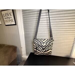 Coach F77541 Zebra Print Nylon Crossbody Bag Black Beige Adjustable Strap